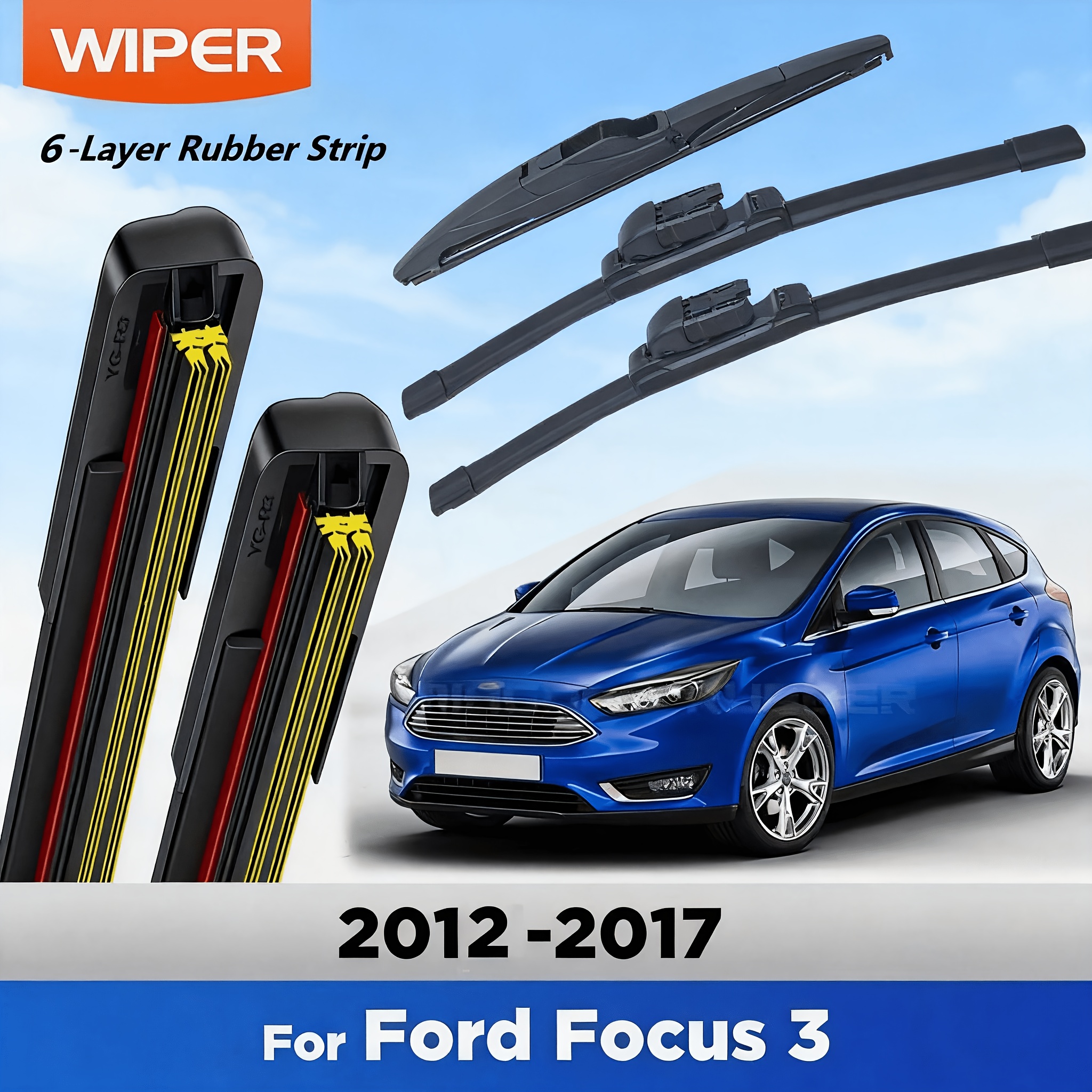 Image of Front & Rear Wiper Blades Set For Ford Focus 3 2011 - 2017 Windshield Windscreen Window Rain Brushes, 6-layer Rubber Strip Universal Boneless Wiper Blade
