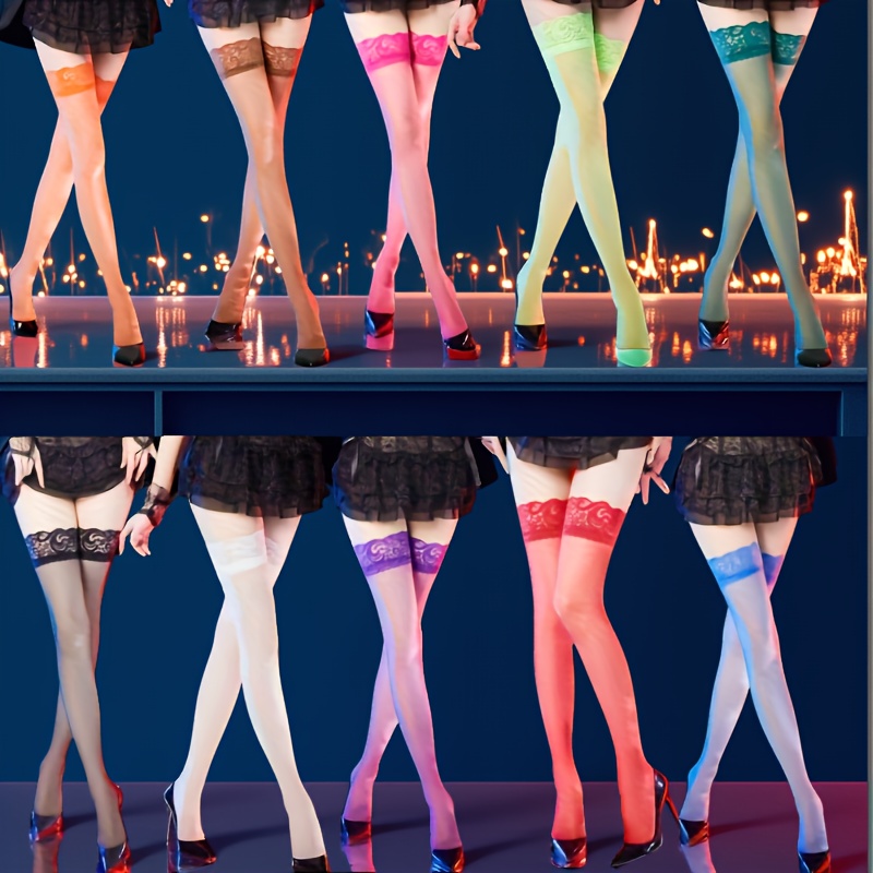 Image of 10 Pairs 10-color Assorted Lace Thigh Socks Of Long Socks For Women, Ultra-thin Black Knee High Socks, Silicone Anti-slip Thigh Jk Socks, Sexy Lace Long Socks
