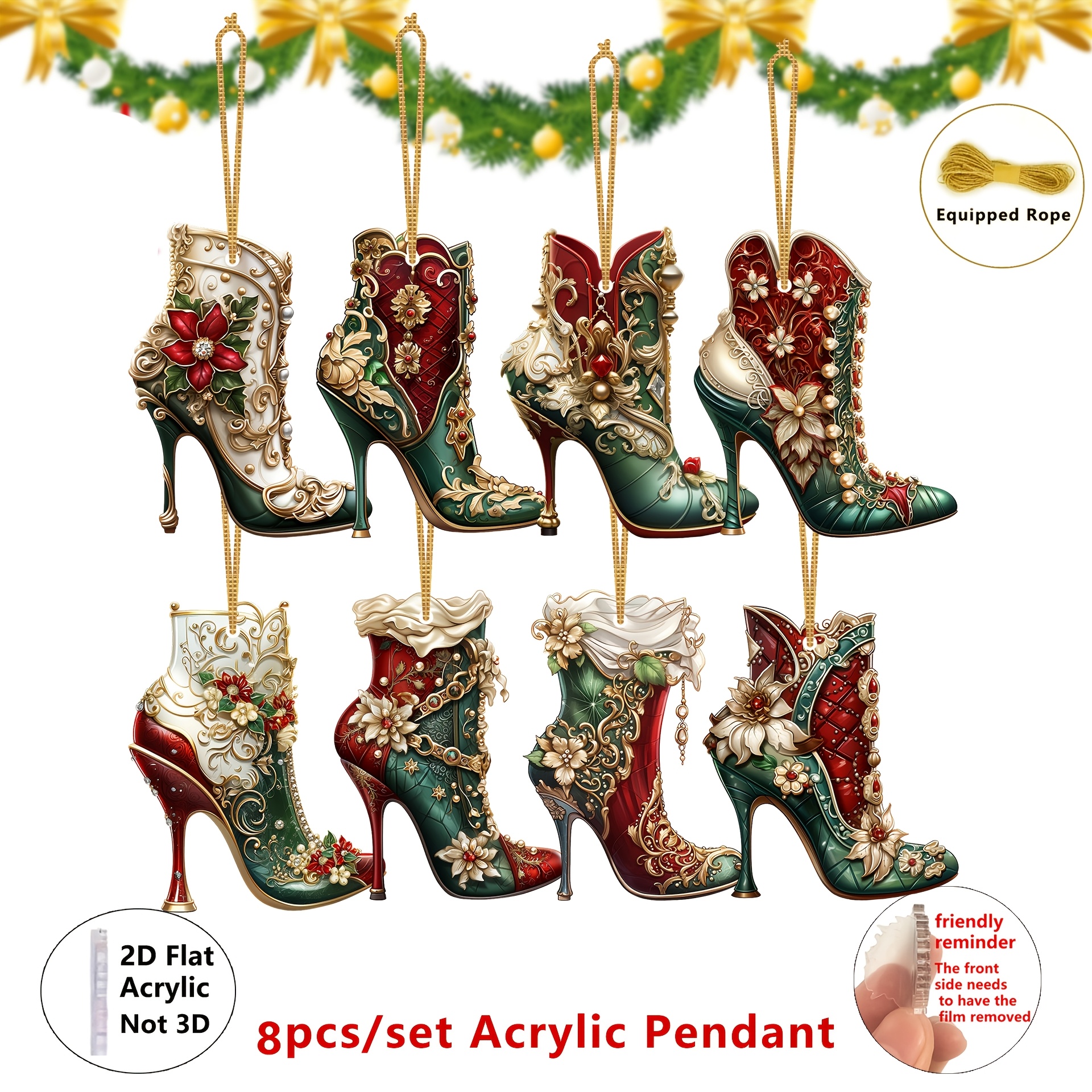 TEMU 2d Flat, 2d Flat - 8pcs Exquisite Victorian High-heel Christmas Acrylic Ornaments, High-heel Charms For Christmas Tree Simulation Tree