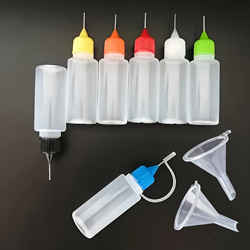 8pcs Durable Plastic Precision Tip Applicator Bottles - 0.34oz Needle Tip Glue Containers With 6 Random Colors, 2 Mini Funnels - Crafts, Painting, Ink, Acrylic Art
