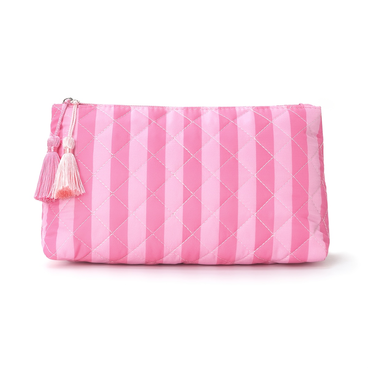 TEMU Trousse de Cosmétique matelassée à rayures de diamant pour femmes, pochette de rangement de voyage portable, à languette et fermeture éclair,