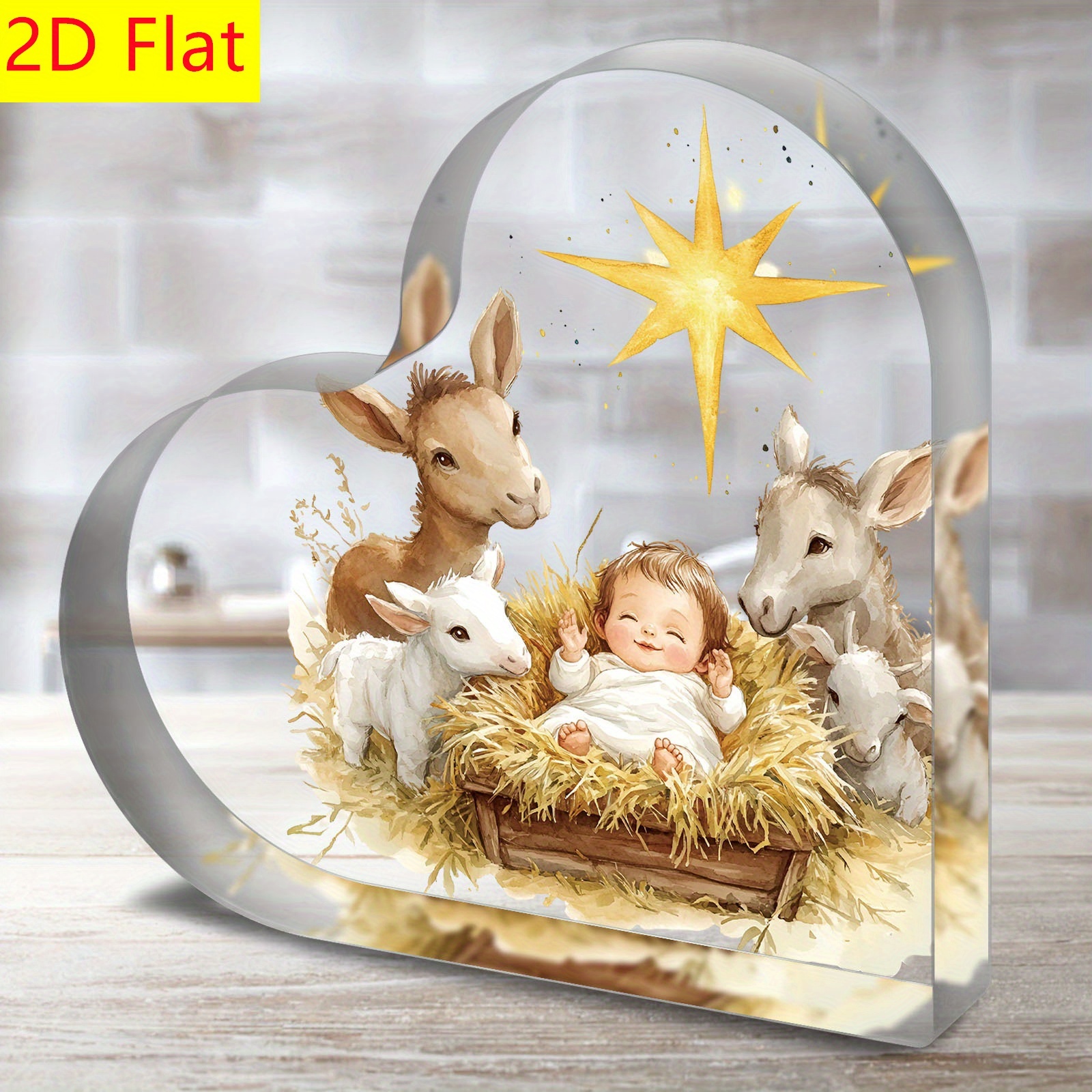 TEMU 2d Flat - [2d Flat] Acrylic Heart-shaped Decorative Plaque Featuring A Nativity Scene With A Donkey And A Lamb, Perfect For Easter And As An
