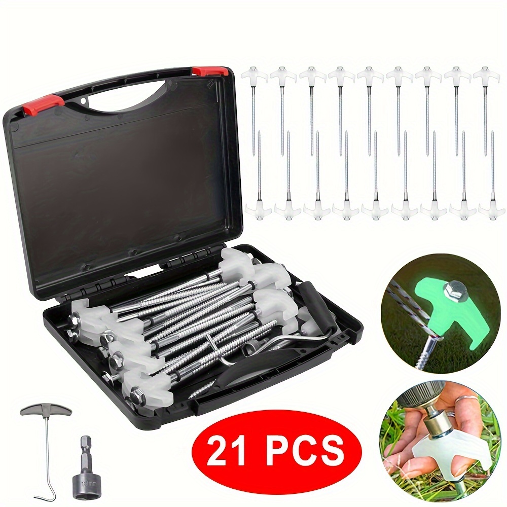 E-shop 21-teiliges Schraubstift-Set mit 20 cm Durchmesser, 7 mm, inkl. Transportbox und Bit für Akkuschrauber – Zelt-Schrauben für Camping & Outdoor