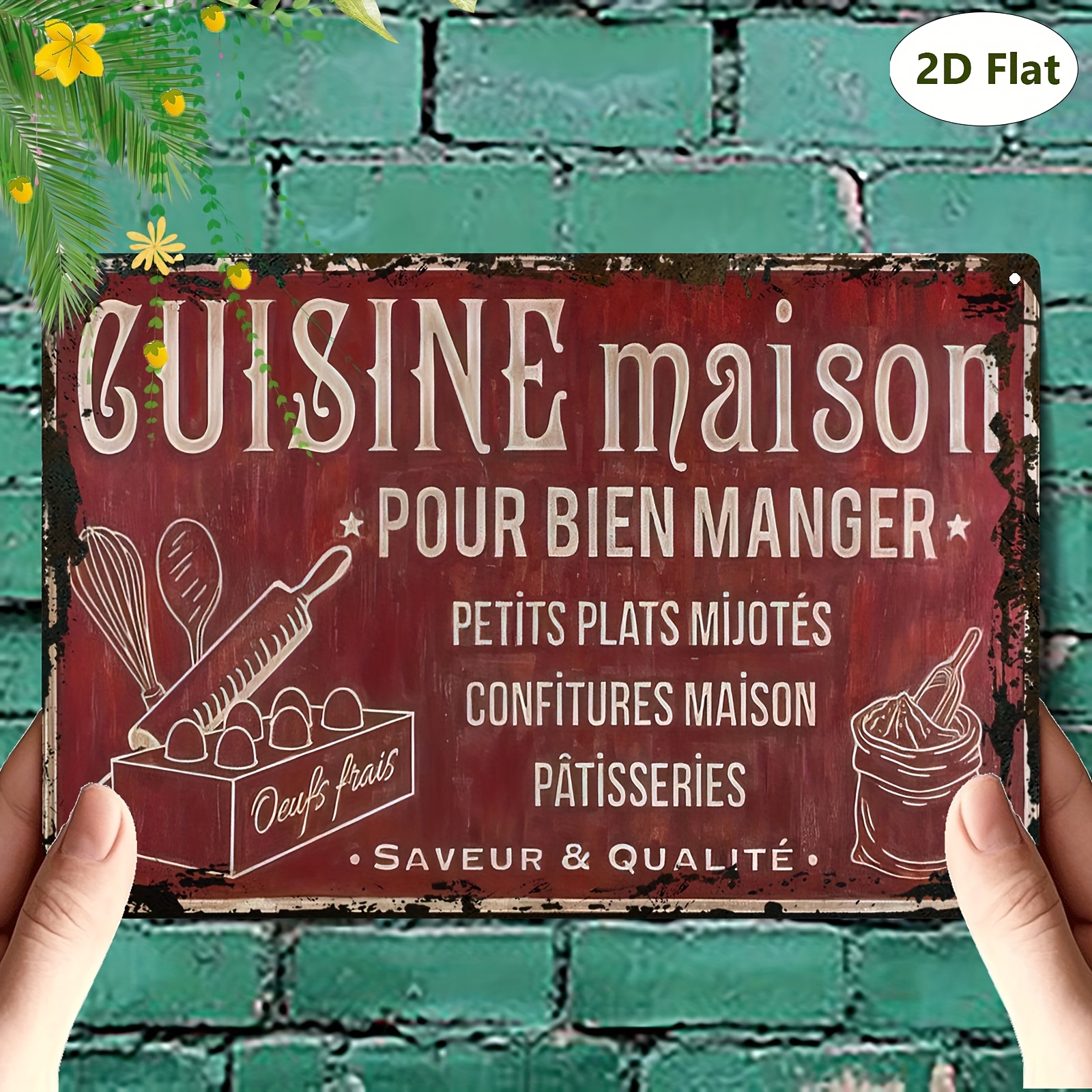 TEMU 2D Plat, 1pièce Vintage Français Métal Art Mural - 8x12 Pouces Rustique Fer Plaque avec Traditionnel Cuisine Ustensiles & Français Phrases,