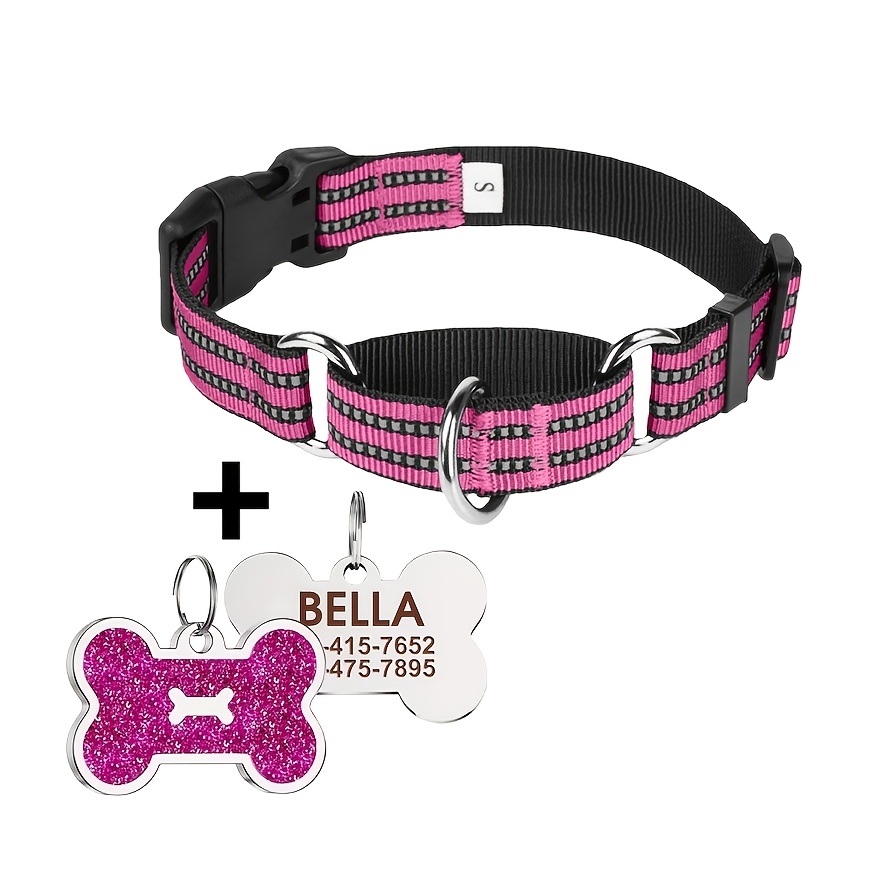 TEMU 1pc Personalized Custom P-chain Collar, Reflective Dog Collar For And Anti-lunge Pet Collar With Bone-shaped Tag, 4 Colors . Free Engraving Of