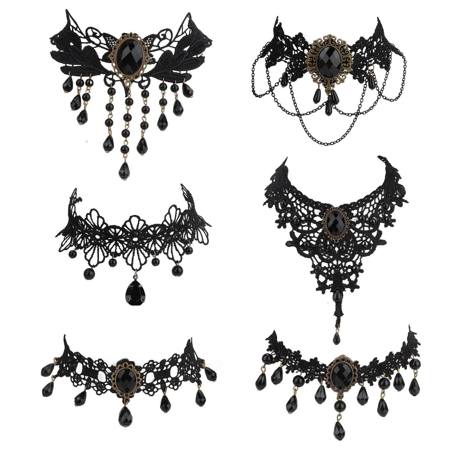 TEMU 6pcs Halloween Black Lace Neck Chains Chokers Retro Gothic Style Chain Tassel Necklaces Women' Party Evening Jewelry Birthday Holiday Gift