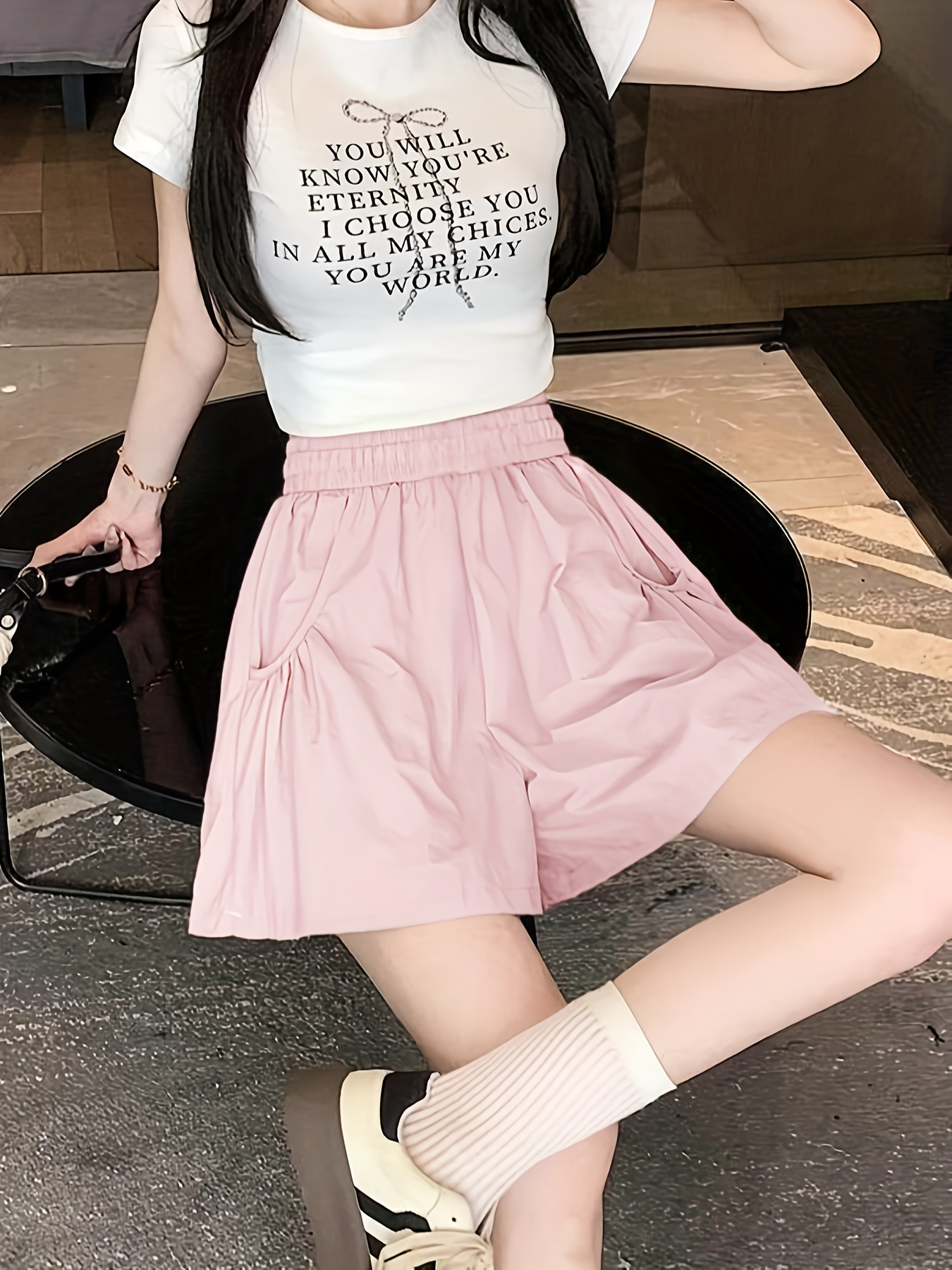 Girls' High-Waist A-Line Casual Shorts Light Pink, Loose Fit, Wide Leg,  No Stretch, Machine Washable with Pockets Summer Outdoors, Spo