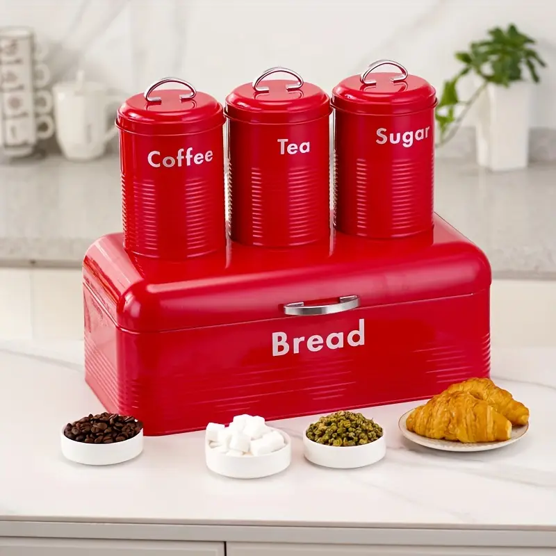 4-piece Red Metal Bread Box Set with Lids 4-piece Red Metal Bread Box Set with Lids
