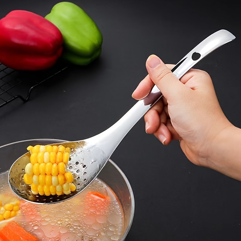 TEMU [ Build] Stainless Steel Skimmer Spoon With Long Handle - Kitchen Strainer For Dumplings, Noodles, Hot Pot & More - Perforated Design For Easy Draining - Food Prep And Serving