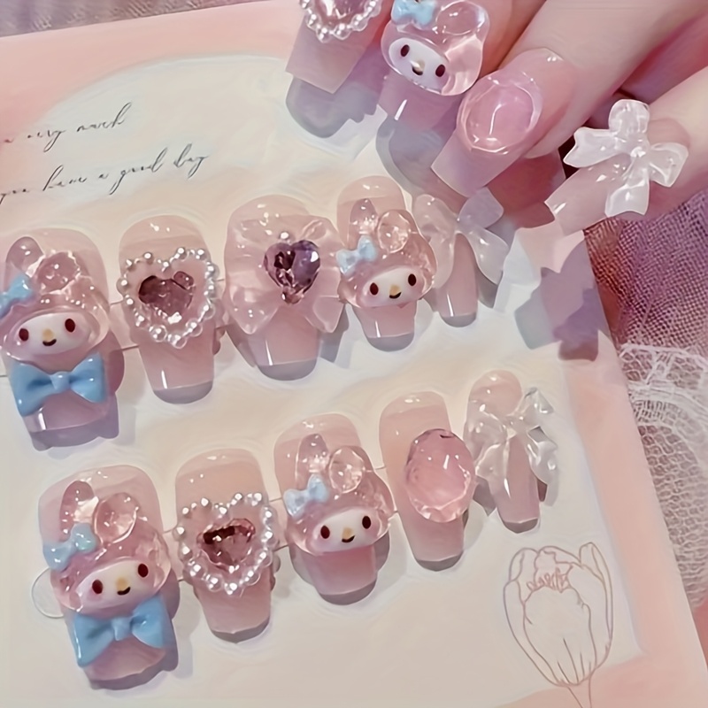 Image of [10pcs/box] Cute Hello Kitty Melody Nail Sticker Set - Mixed Soft Tones, Drop-shaped Medium Length, Glossy Cartoon End, Sticky Press-on Nails, Nail Supplies, Nail Tips