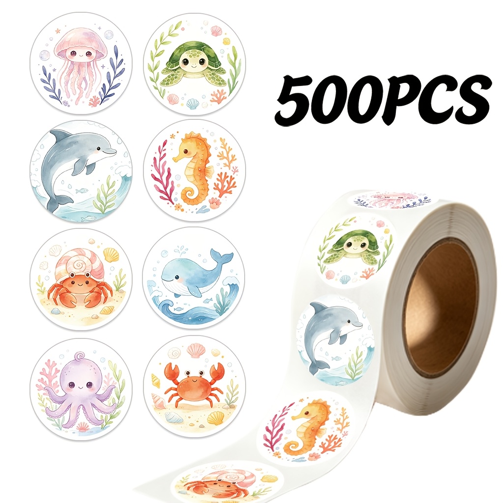 TEMU 500pcs 1-roll Watercolor Ocean Animal Stickers, Suitable For Planners, Diaries, Notebooks, Water Bottles, Pencil Case Collages, Ocean-themed