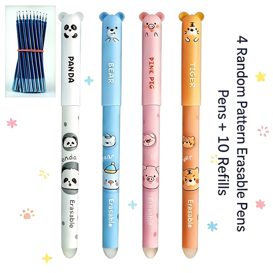 Image of 14pcs Animal-shaped Erasable Gel Pen Set, Random Patterns, 0.5mm Fine Tip. Ideal For Note-taking And Writing, & School Supplies, Great Gift For Festivals . Package Includes 4 Pens And 10 Refills