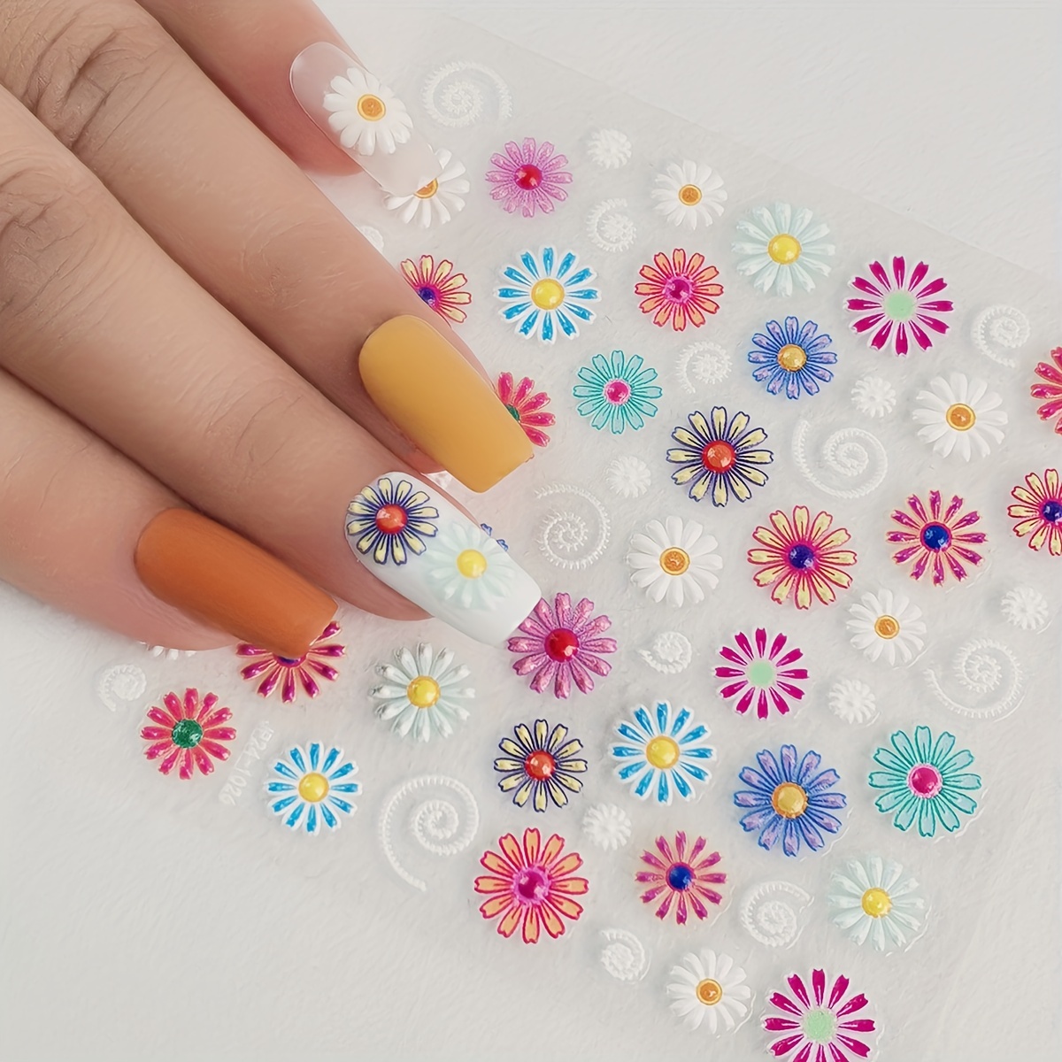 

5d Embossed Nail Stickers - Floral Print Decals, Semi-matte Glitter Flower Patterns, Single-use Pet Self-adhesive For Manicure, Plastic Surface, Bohemian Plant Theme, Round Shape - 1 Sheet