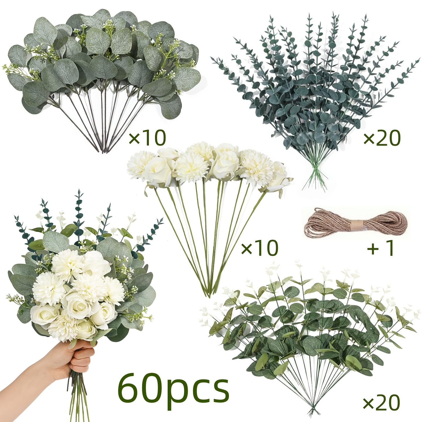 60/120pcs 5 Kinds Artificial Eucalyptus Stems And Faux Flowers, Mixed Fake Eucalyptus Stems Leaves Bulk, Silvery Greenery Stems For Wedding Decor Vase Floral Arrangement Centerpiece Home Decor