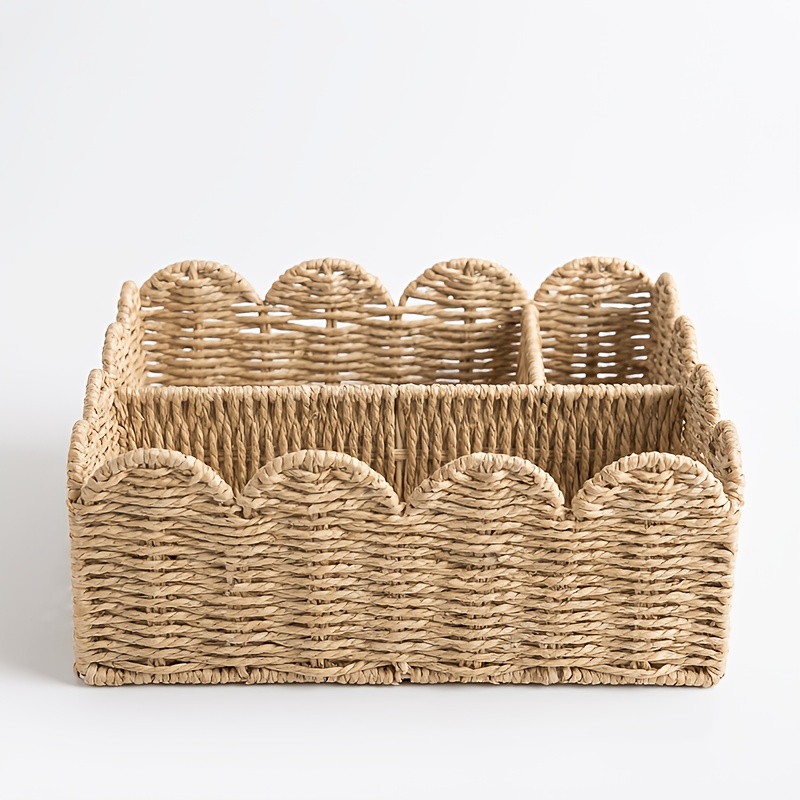 TEMU 1pc Bohemian Wavy Edge Storage Basket With Divided Compartments & Open Lid - Paper Organizer Box Suitable For Vanity, Desk,, Bathroom -