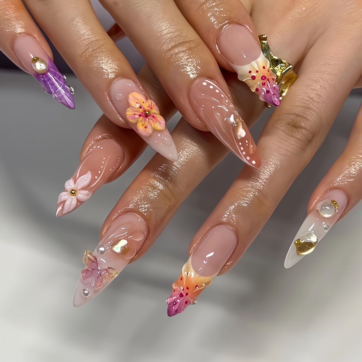 

A Set Of 24 -shaped Fake Nails With 3d Pure Flowers, Sweet Butterflies, Pearls And Rhinestones Suitable For And Girls. The Box Comes With Nail Rub And Jelly Glue For Easy Application