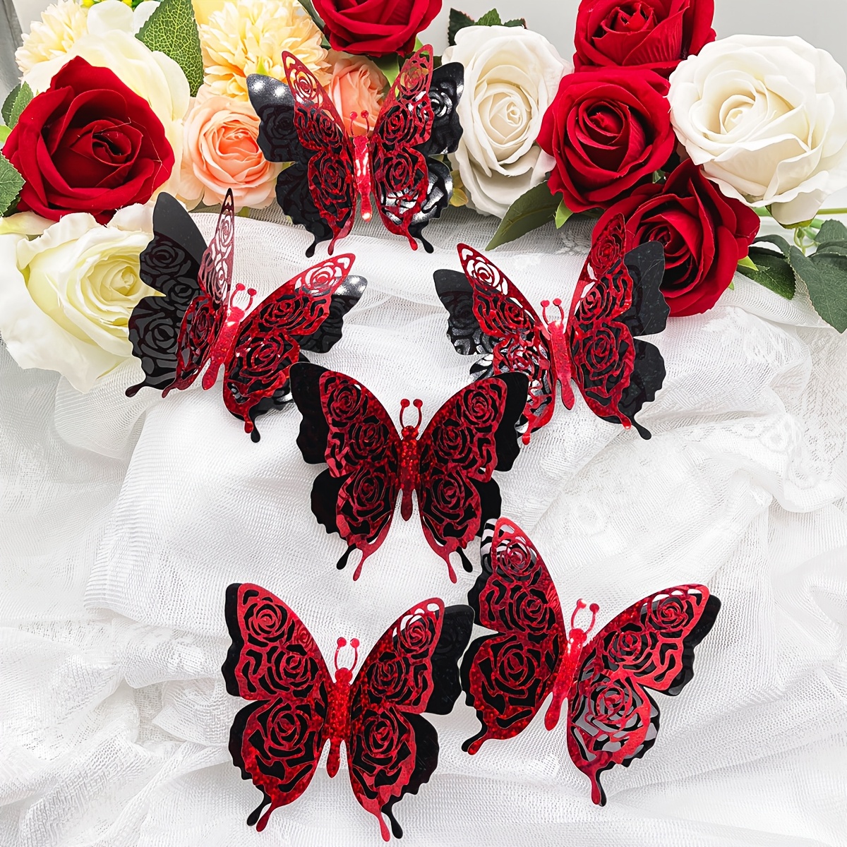 

A Set Of 6 - Double-layer Butterflies, Valentine's Day Rose Decorations, And Wall Stickers Featuring Golden Butterflies.