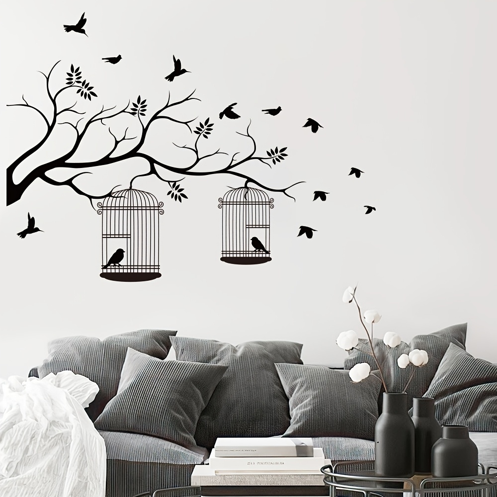 Black Branch Birdcage Wall Sticker For Living Room And Bedroom Decoration