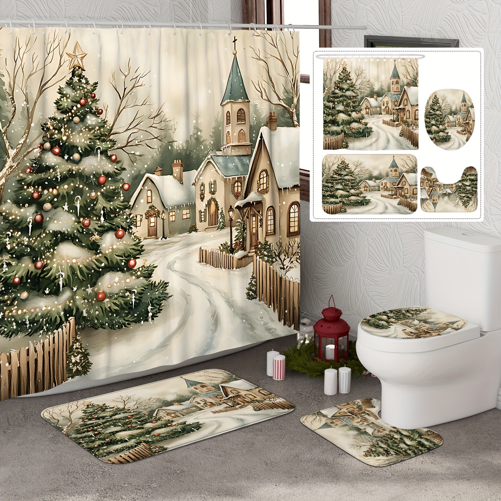 

Festive Christmas Tree Shower Curtain Set With Non-slip Rugs And U-shaped Toilet Seat Cover - Perfect For Christmas Bathroom Decor