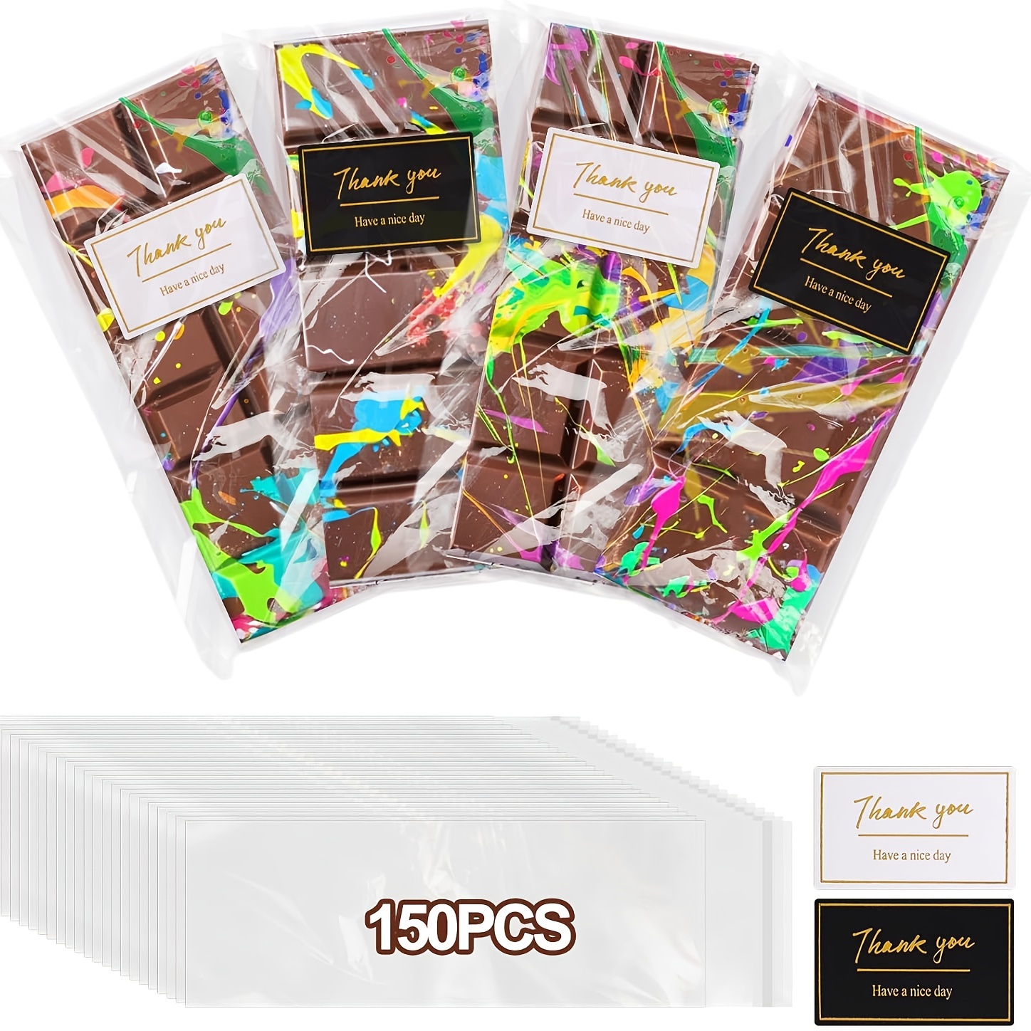 

300/set-150pcs Chocolate Bar Wrappers Packaging With 150pcs Thank You Stickers, Clear Self Sealing Cellophane Bags For Candy Bar, Cookies, , Party Favor