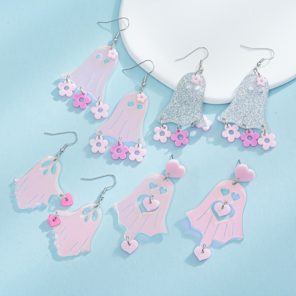 TEMU 4 Pairs Halloween Luminous Acrylic & Dangle Earrings With Cute Flower Accents, Parties & Gifts
