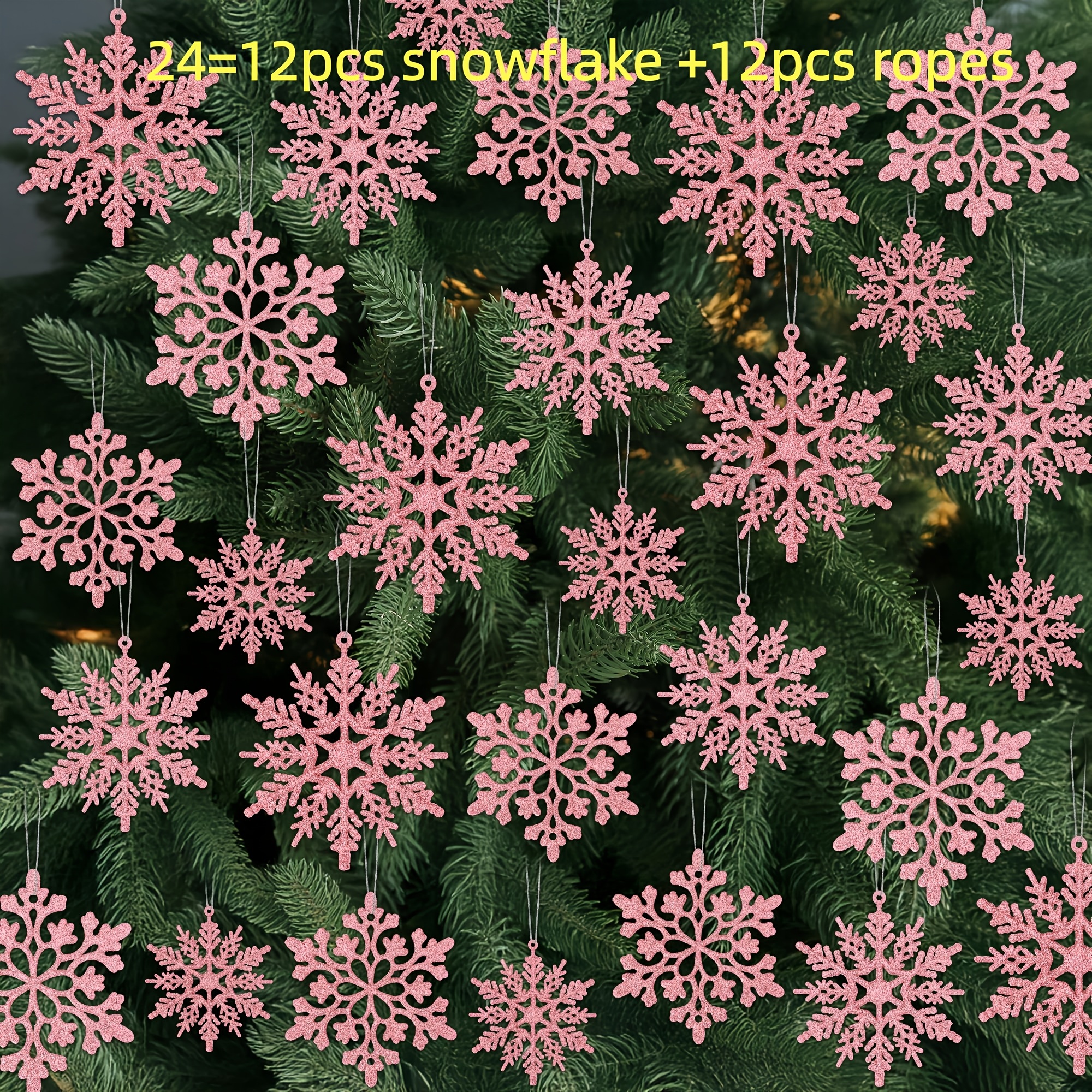 TEMU 24/48pcs Christmas Tree Ornaments, Pink Snowflakes Christmas Tree Decor, Plastic Glitter Snow Flakes Hanging, Xmas Tree Ornaments For Indoor