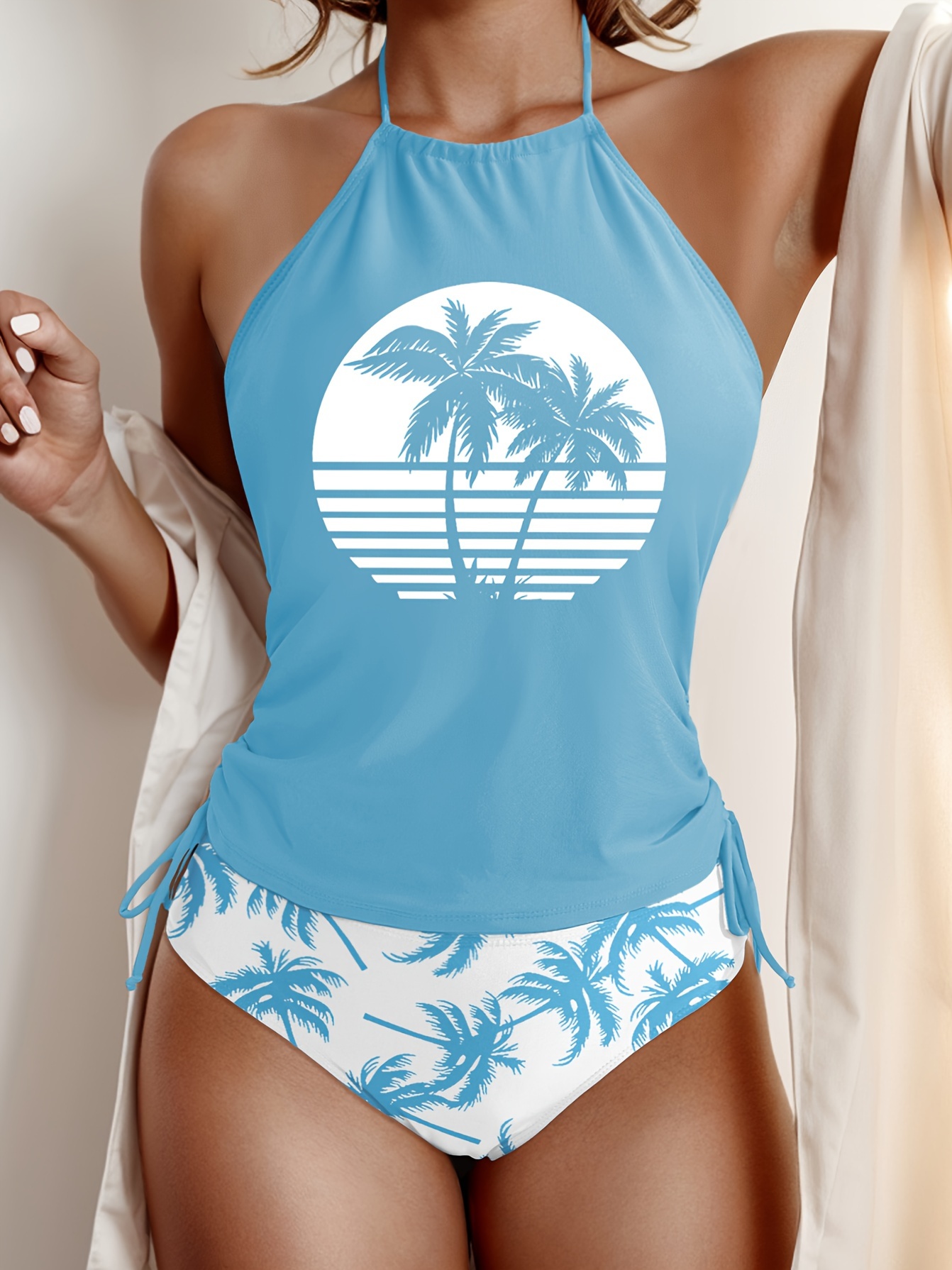 Coconut Tree Set Pattern Drawstring 2pcs Set Swimsuit, Halter Tie Neck Backless Stretchy Low Waist Bathing Suit for Beach Pool, Women'S Swimwear & Clothing