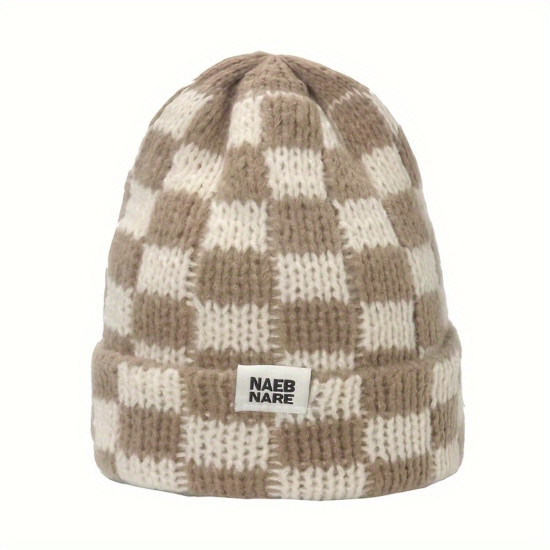 

Chic Checkered Knit Beanie For Women - Cozy & Stylish Winter Hat, Non-stretch Acrylic, Hand Washable