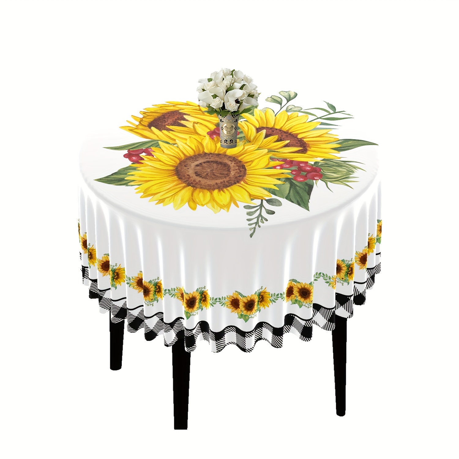 

Sunflower Round Tablecloth Set - 63" Floral Polyester Table Cover With Waterproof Design - Machine- And White Checkered Table Linens - Versatile Use As Tablecloth, Tapestry, And Picnic Mat