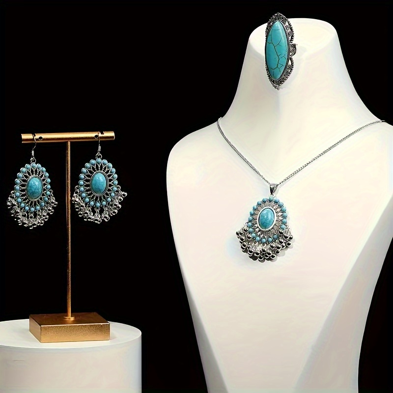 vintage turquoise jewelry set with handcrafted necklace earrings ring bohemian charm for a statement look details 3