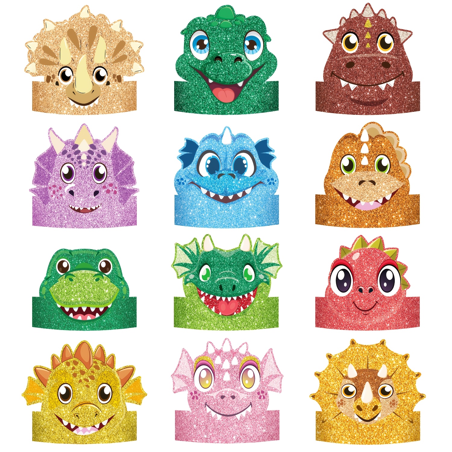 Image of 12pcs Glitter Dinosaur Party Hats For Party Favors Headbands Paper Party Crown For Boys Girls, Decoration Party Favors,fake Glitter Design