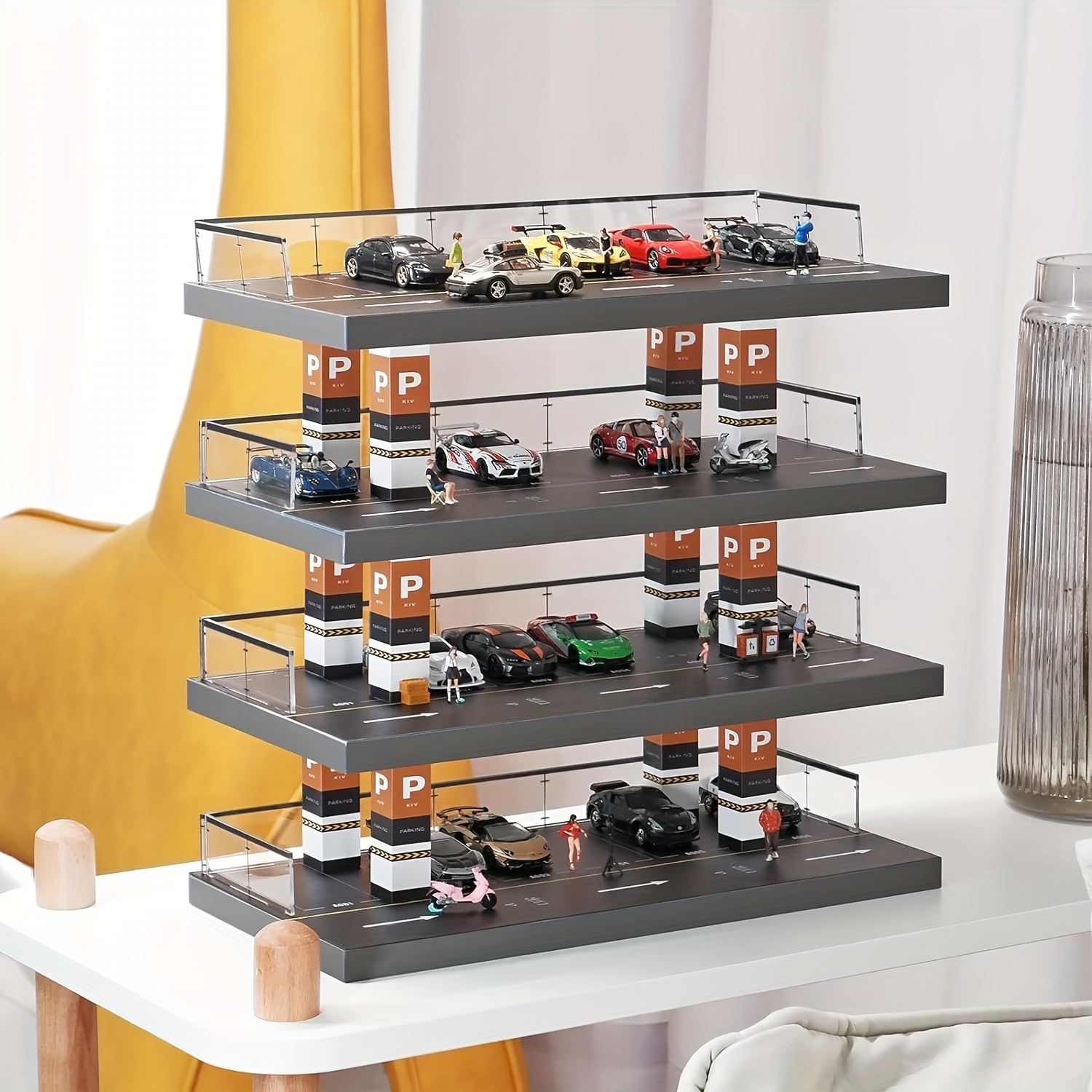 

1/64 Scale Wooden Parking Garage Diorama Display Case For Diecast Cars - 4-tier Acrylic Car Showcase With Easy Storage - Educational Stacking Skills Toy For Ages 14+