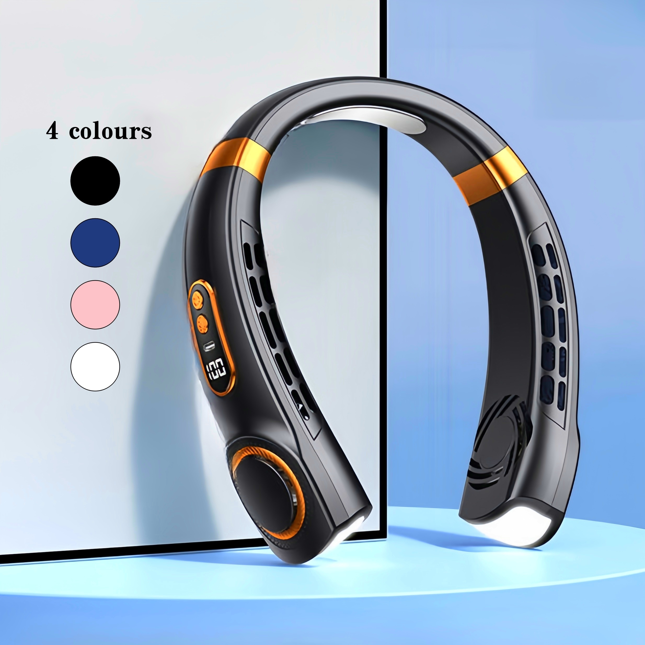 usb rechargeable neck fan wireless neck cooling fan portable neck fan long lasting battery turbo       operation neck cooler with colorful led lights suitable for summer and autumn outdoor sports office work and study