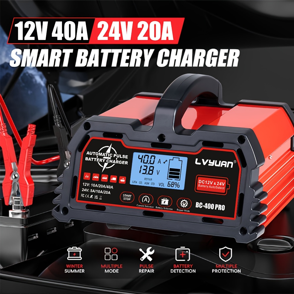 TEMU 12v/24v 40a Heavy-duty Car Battery Charger, Automatic Maintenance & Repair For Lifepo4 & Lead-acid Batteries, With Auto Shut-off, Winter Mode,