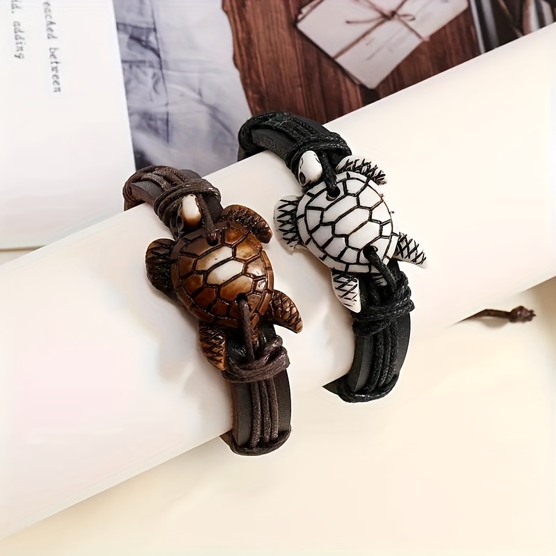 

Men' Ocean Turtle Woven Bracelet - Fashionable Black Leather