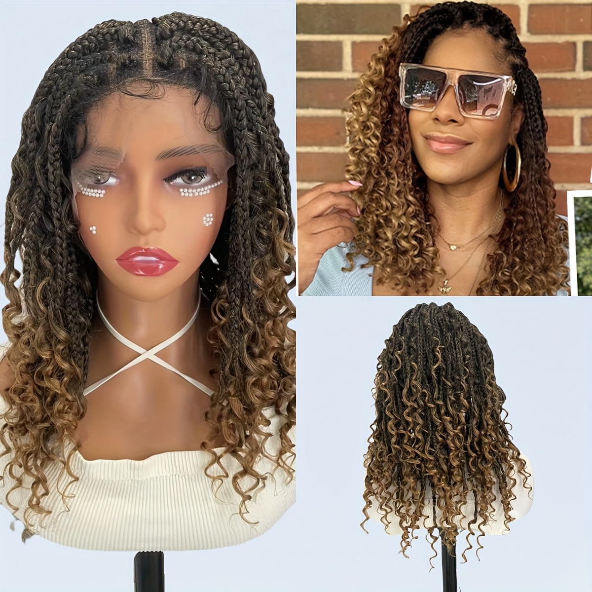 TEMU Full Lace High-temperature Braided Wig With Curly Ends, Knotless Cornrow Design, Black Synthetic Hair For Everyday & Party Styles, Density, Deep