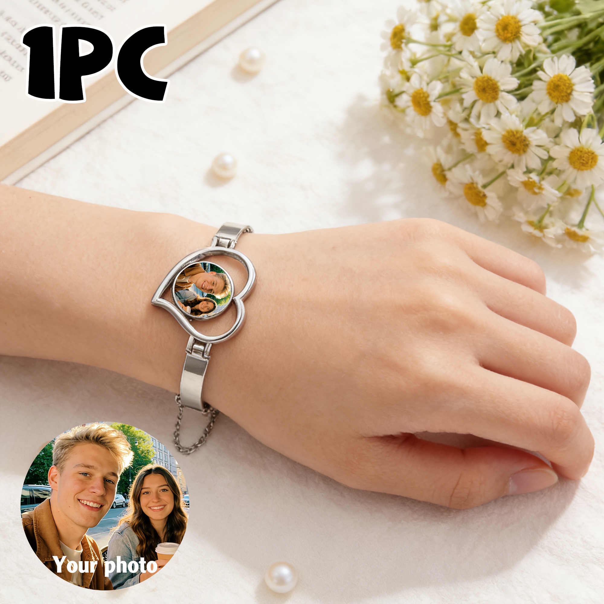 E-shop Personalisiertes herzförmiges Armband mit Foto, 1 Stück, hohler Herzstil, personalisiert mit Foto. Perfektes Geschenk für Hochzeiten,