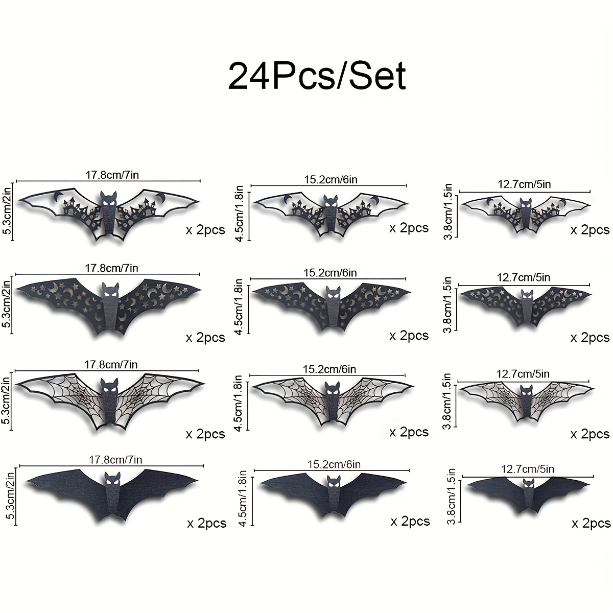TEMU 24pcs Large Halloween Bats Decorations - 3d Self-adhesive Pvc Scary Wall Decor, Hollow Out Black Stickers For Indoor Party Supplies, Door And