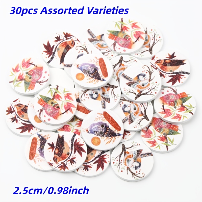 TEMU 25mm 30pcs Random Bird Pattern Mixed Pack Wooden Buttons Sewing Clothing Scrapbooking Additions Wooden Decorative Buttons Clothing