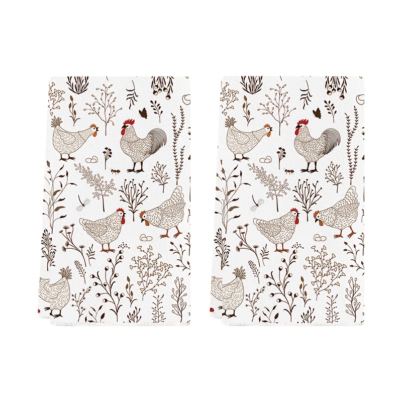 

2pcs Rustic Farmhouse Kitchen Towels - Rooster & Hen Design, Black & White With Floral Accents, Polyester, Hand Wash Only - Home Decor & Party Supplies