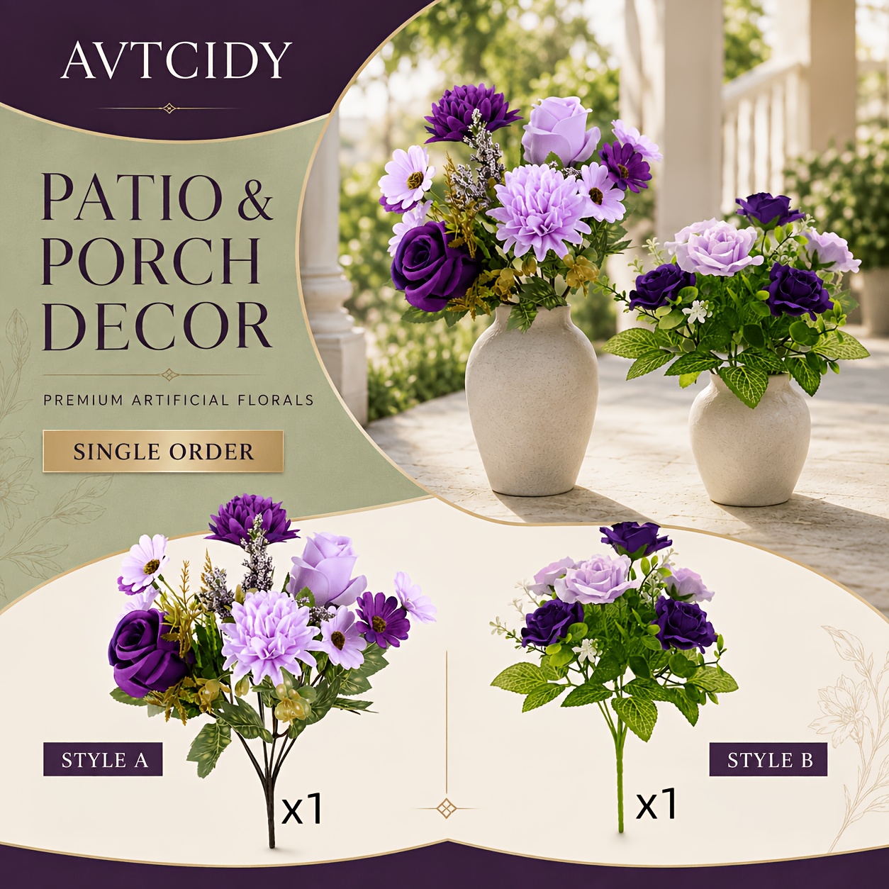 TEMU 2pcs Purple- Artificial Mixed Bouquets, Deep Rose Lavender Rose Chrysanthemum Daisy Combination, Artificial Fake Flowers For Home Decor, Vase