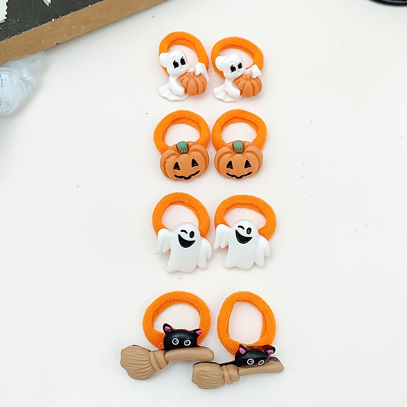 TEMU 8pcs Kids Halloween Cartoon Cute Pumpkin Demon Black Cat Broom Towel Circle Hair Tie For Little Girls