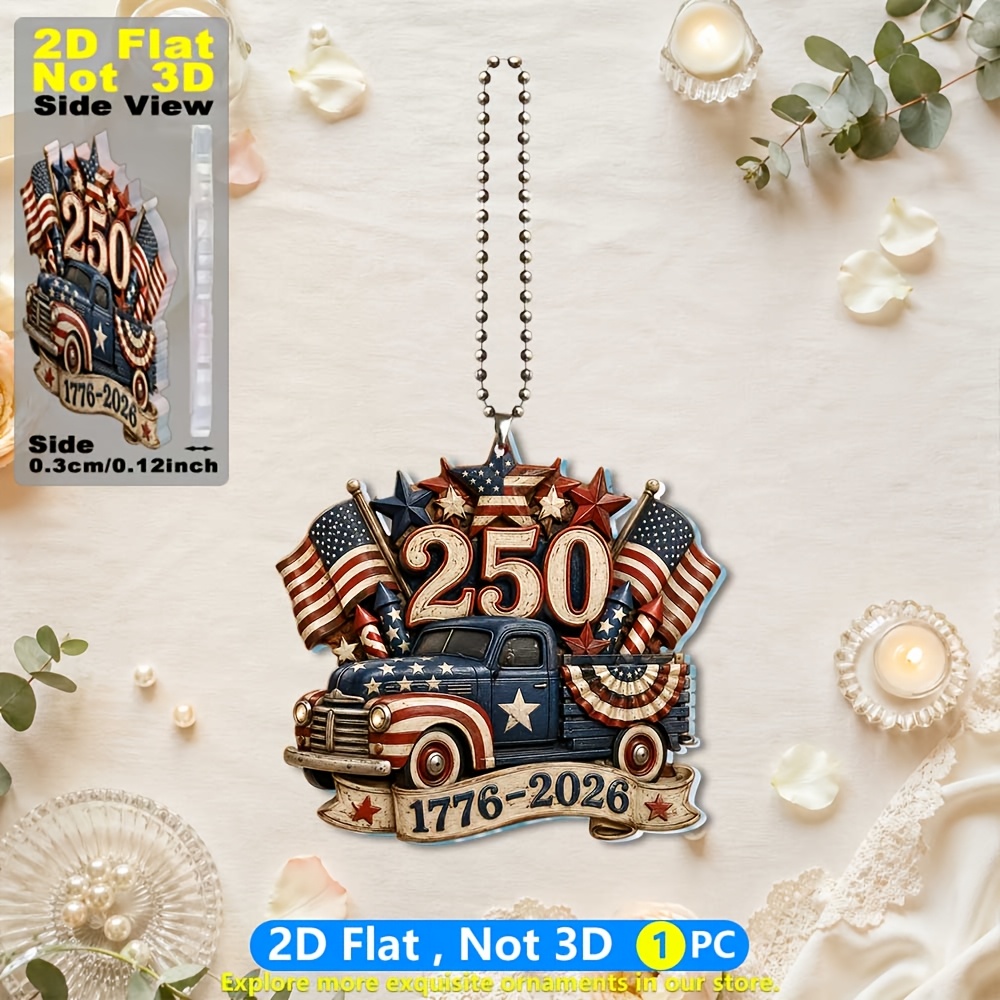 TEMU 2d Flat 1pc American Day 250th Anniversary Vintage Pickup Truck Flag Acrylic Hanging Ornament, Exquisite American Commemorative Decor, Suitable
