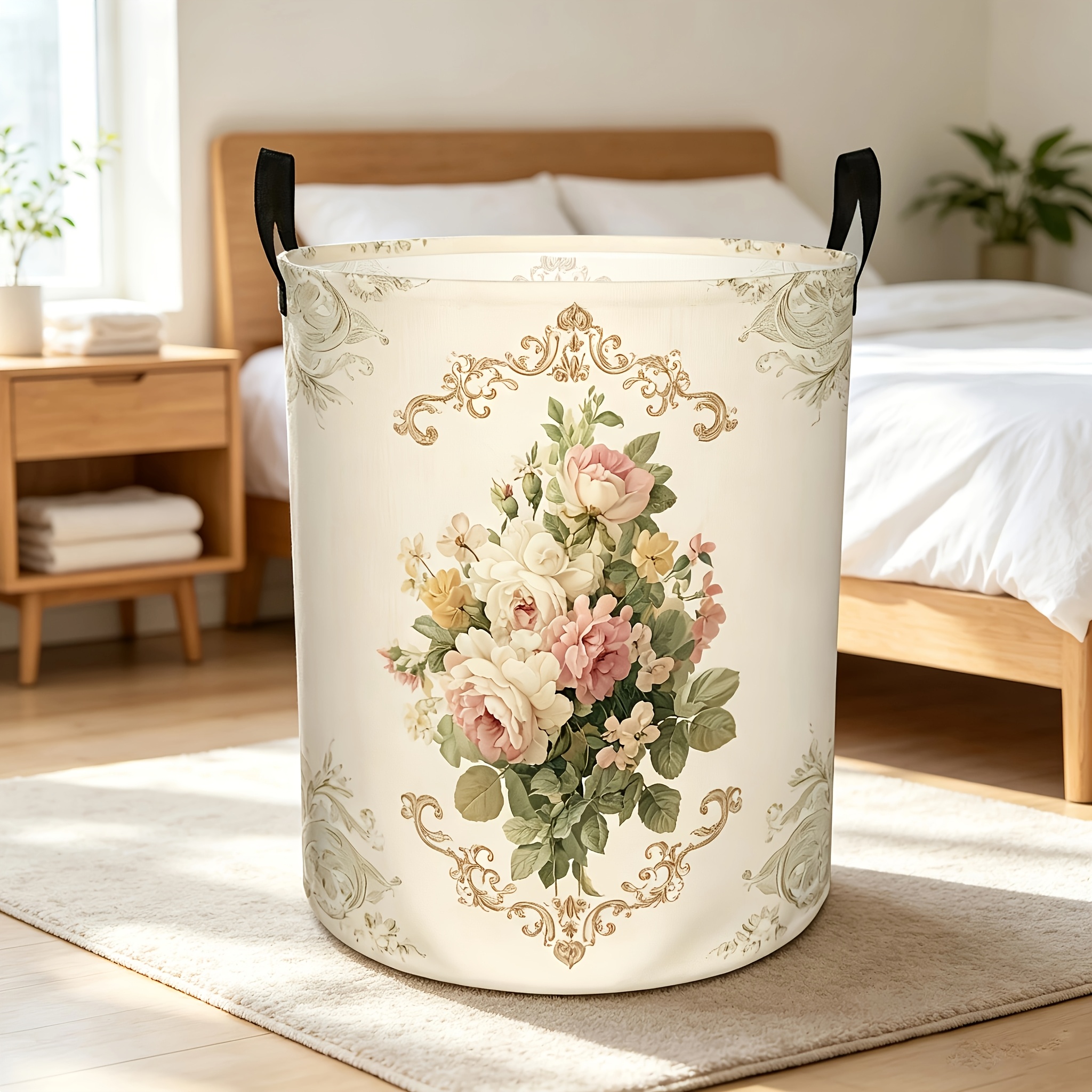 TEMU 1pc 2d Flat Printing Laundry Basket, Bouquet Design With Swirl Pattern, Popular Round Washing Basket Made Of High-quality Polyester Fabric With