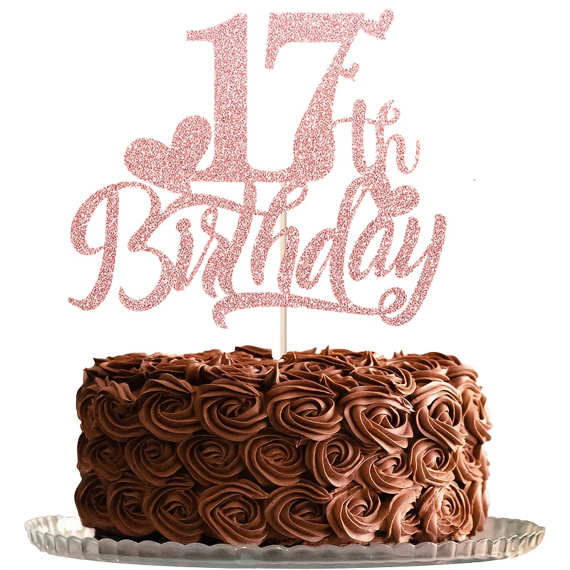 1pc Rose Golden Glitter 17th Birthday Cake Topper - Elegant Bamboo Happy 17th Party Decoration, No Power Needed