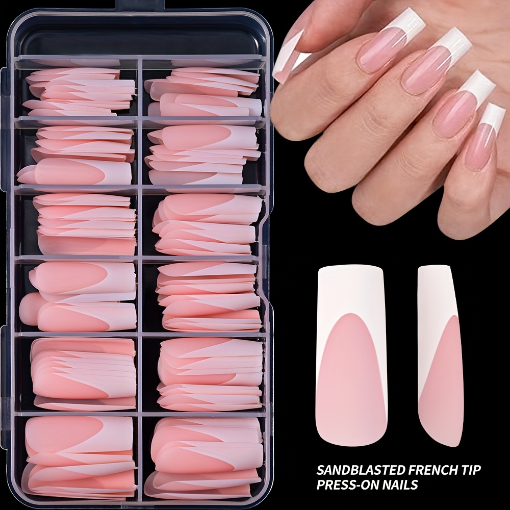 E-shop 120 Stk./Box Nude Pink Lange Quadratische Französische Nagelspitzen zum Aufdrücken, Matte Französische Falsche Nägel mit Weißer Kante Acryl