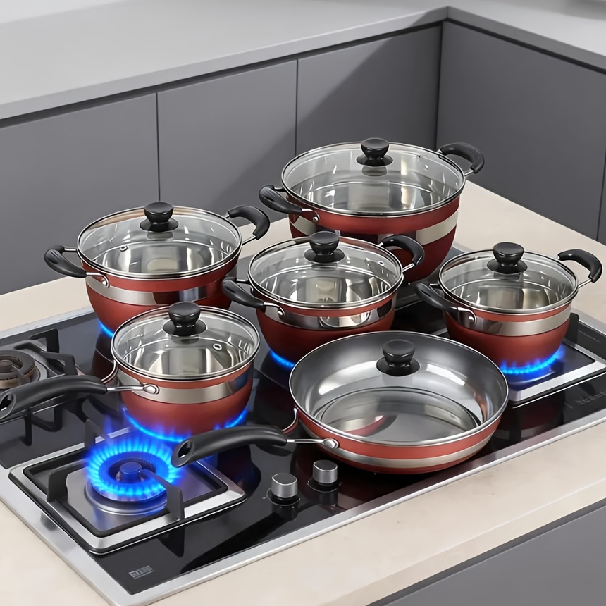 12pcs Stainless Steel Cookware Set With Lids | Red-color Durable Kitchen Utensils For Induction Stove, Oven, And Camping - Perfect Gift For Halloween