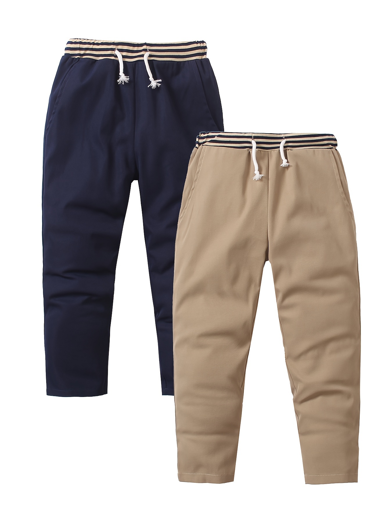 2pcs Boys' Cute Striped Pocket - Spring/Autumn Fashion Casual Drawstring Waist Pants - 2pcs Leisure Long Comfortable Wear - Perfect for Outdoor