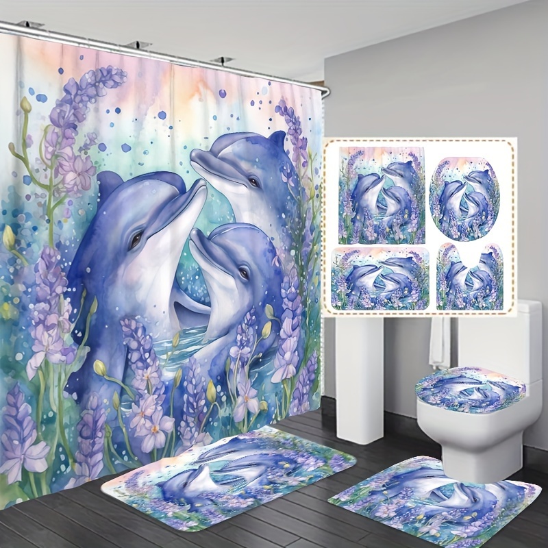 4pcs Dolphin Shower Curtain Set, Bathroom Shower Curtain Set With Mat, Non  Slip Toilet Lid Cover, U Shaped Mat, Bath Mat With 12 Hooks Ocean Shower Cu