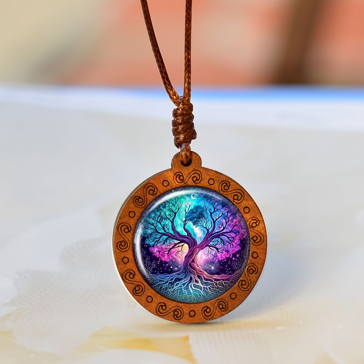 Image of 1pc Elegant Tree Of Life Pendant Necklace With Colorful Glass & Intricate Wooden Frame, Fashionable Spiritual Jewelry Gift For Men, Tree Necklace
